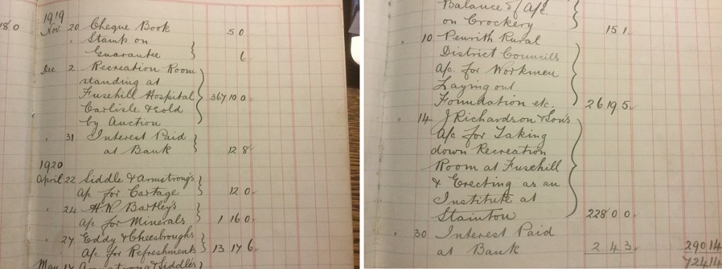 Village hall ledger book from 1920 showing the costs of building the original village hall