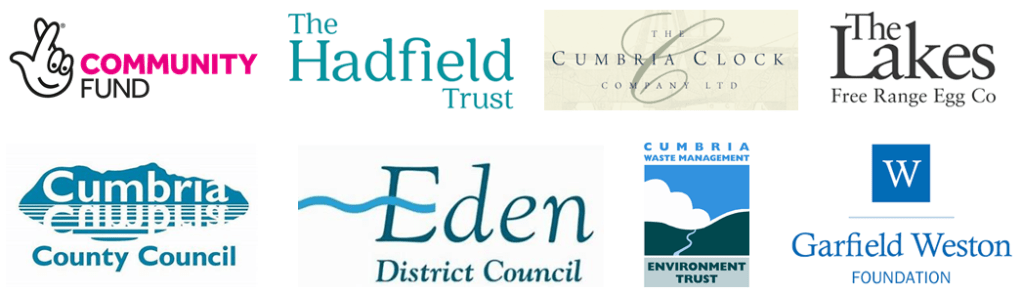 Logos for: National Lottery Community Fund, The Hadfield Trust, Cumbria Clock Company, The Lakes Free Range Egg Company, Cumbria County Council, Eden District Council, Cumbria Waste Management Environment Trust, and the Garfield Weston Foundation.